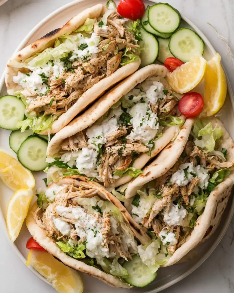 Four Crockpot Greek Chicken Gyros on a plate with cucumber, tomato, and lemon wedges.