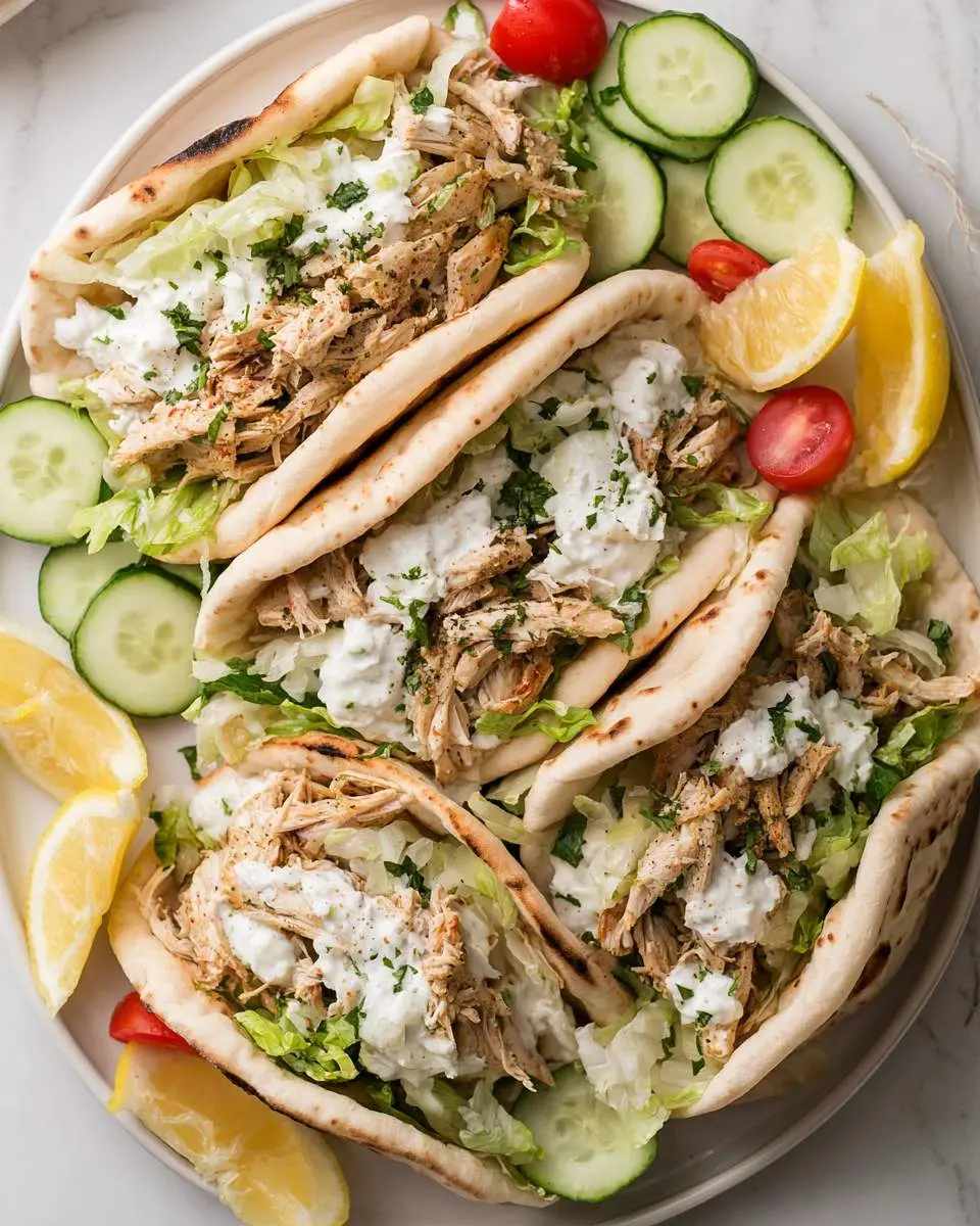 Crockpot Greek Chicken Gyros 4 Four Crockpot Greek Chicken Gyros on a plate with cucumber, tomato, and lemon wedges.
