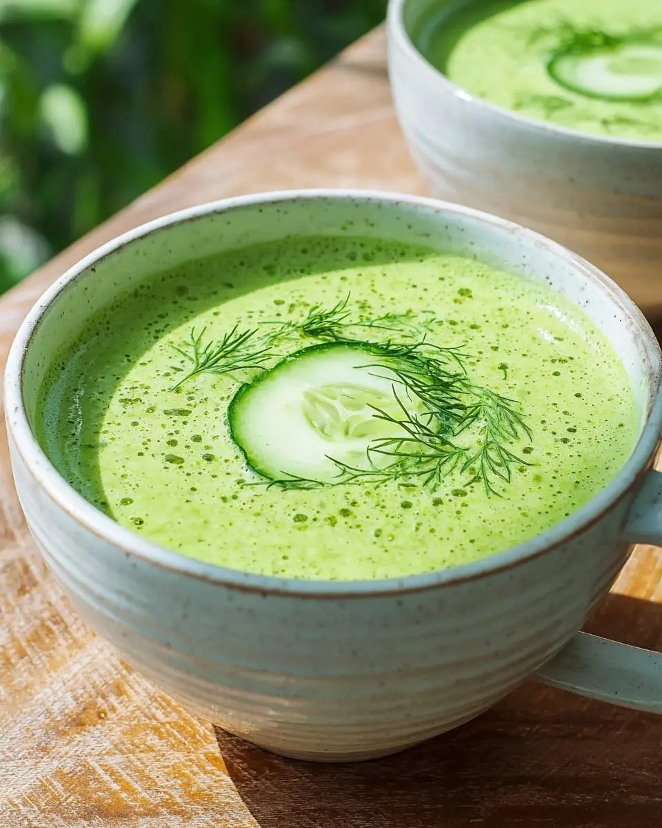 Cucumber Avocado Soup 4 A bowl of creamy Cucumber Avocado Soup garnished with fresh dill and a cucumber slice on a wooden surface.