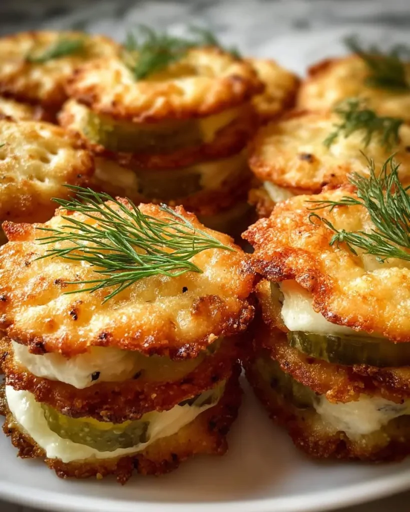 Stacked Dill Pickle Cheese Ritz Bites topped with fresh dill on a white plate.