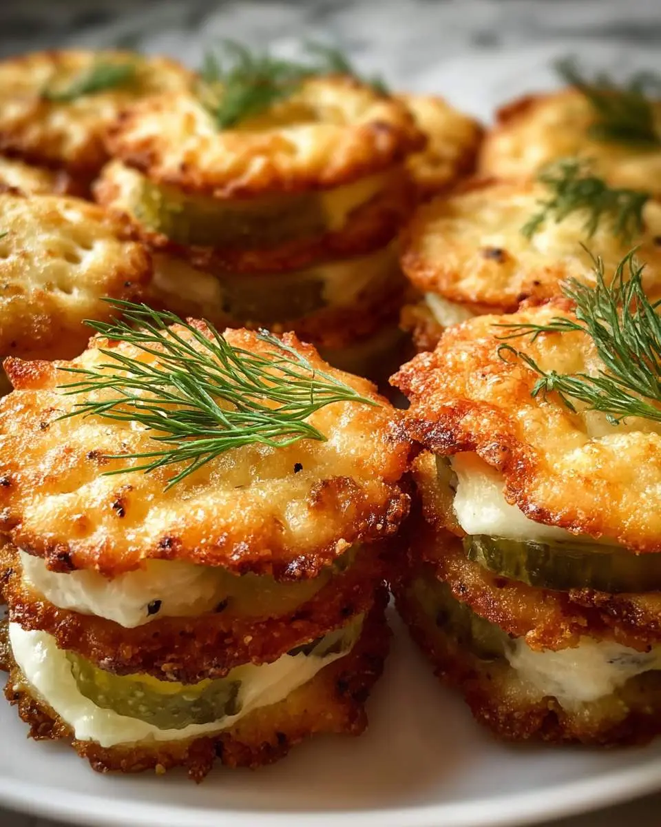 Dill Pickle Cheese Ritz Bites 4 Stacked Dill Pickle Cheese Ritz Bites topped with fresh dill on a white plate.