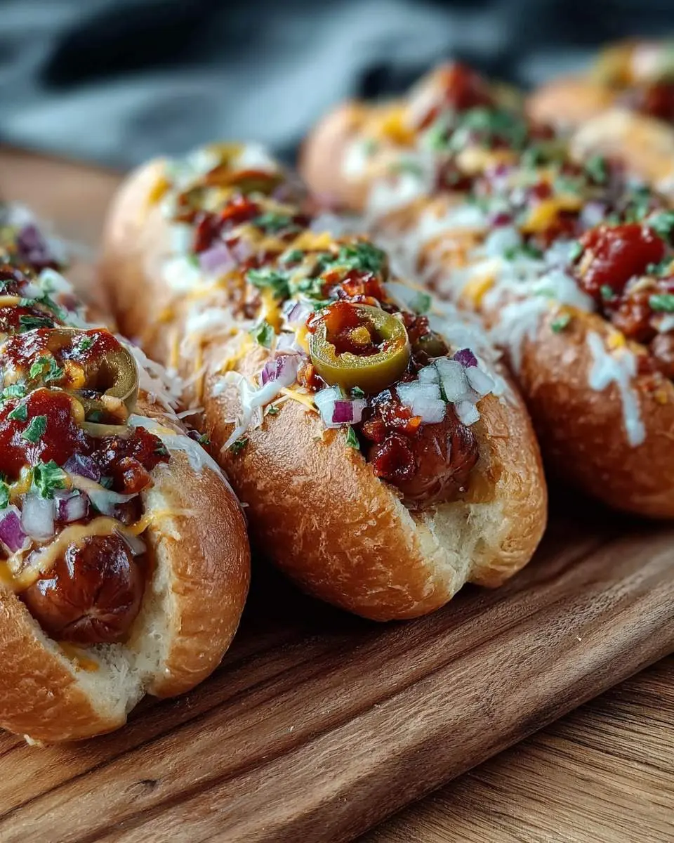 Firecracker Hot Dogs topped with jalapeños, cheese, salsa, and onions on a wooden board.