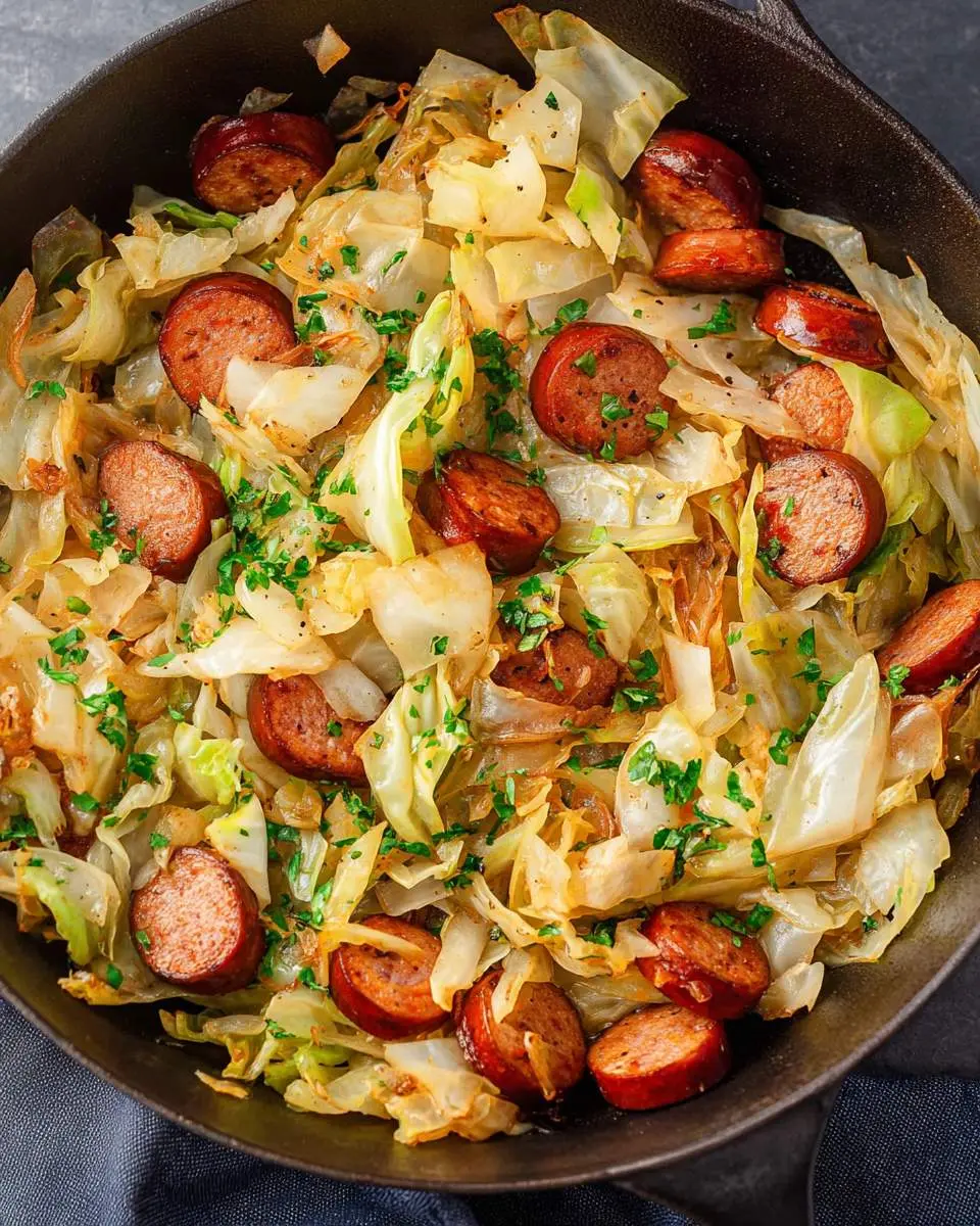 Fried Cabbage and Sausage 4 Fried Cabbage and Sausage in a cast iron skillet, topped with fresh herbs.