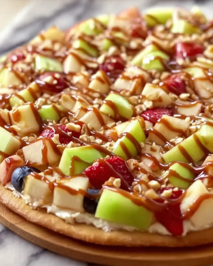 A colorful fruit pizza topped with fresh apples, strawberries, blueberries, chopped nuts, and drizzled caramel on a wooden serving board.