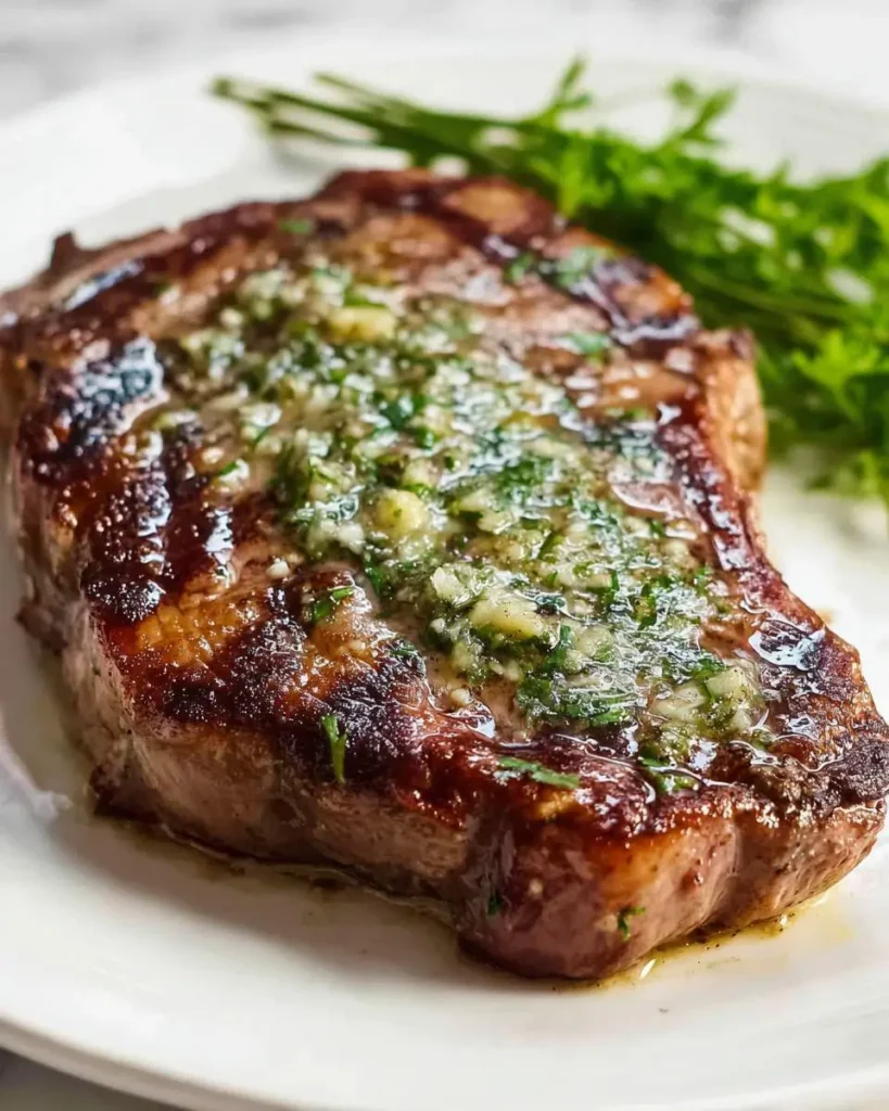 A perfectly seared Garlic Butter Ribeye Steak topped with herb butter, served on a white plate with fresh parsley.