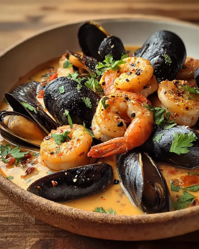 A rustic bowl filled with Garlic Shrimp and Mussels in a creamy, herb-infused sauce, garnished with fresh parsley.