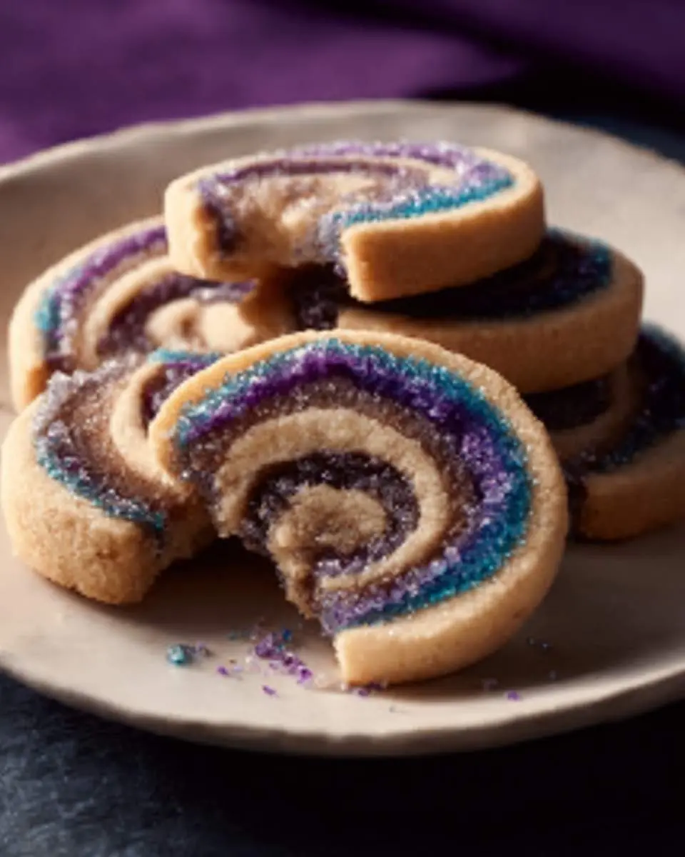 A plate of colorful Geode Spiral Cookies with purple and blue sugar layers resembling crystal formations.
