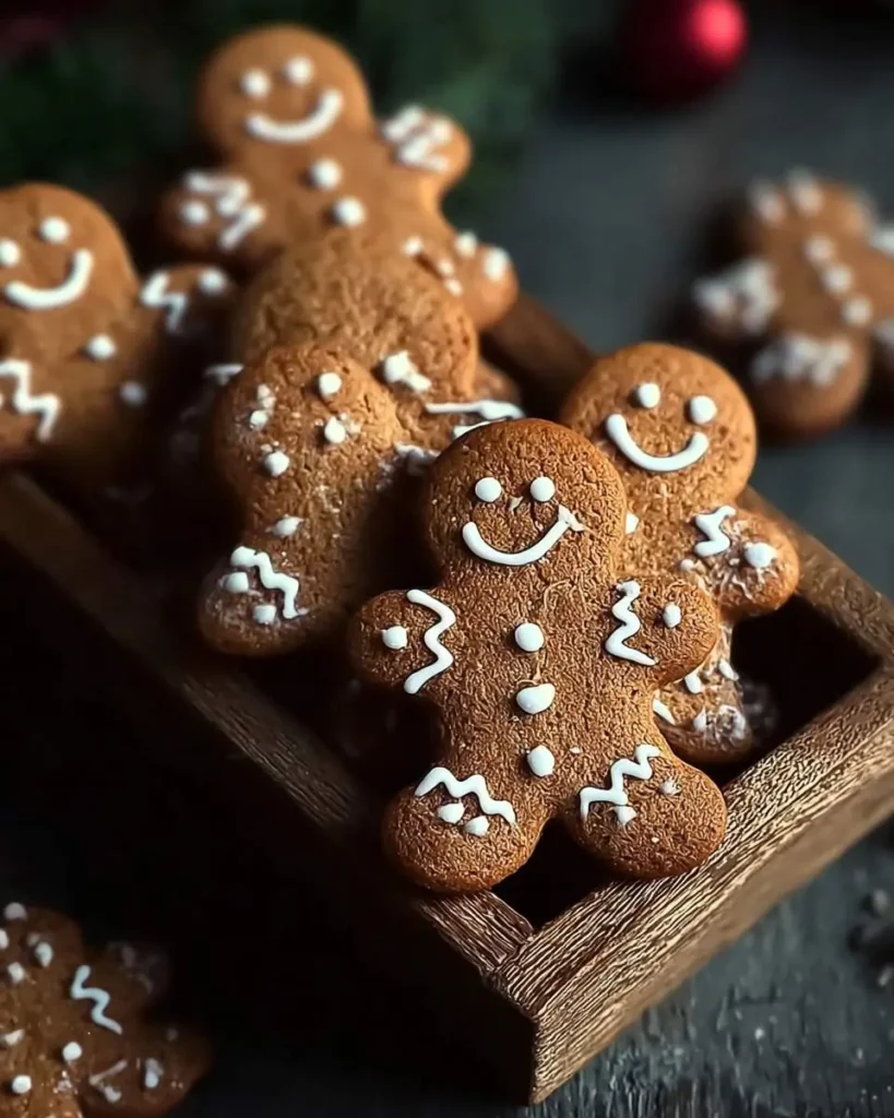 Decorated gingerbread cookies with white icing smiles and zigzag patterns arranged in a wooden tray.
