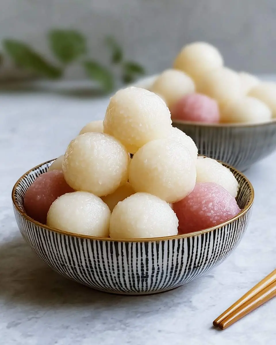 Glutinous Rice Balls 4 Two bowls of white and pink glutinous rice balls stacked on a marble surface with chopsticks nearby.