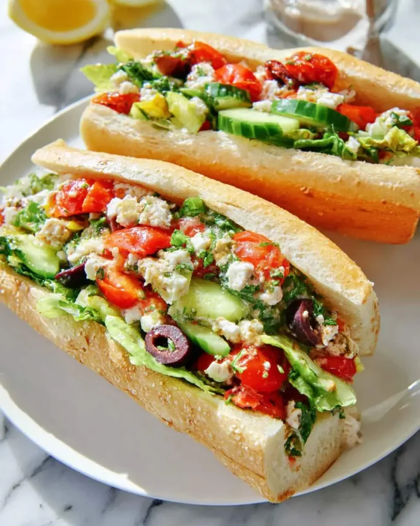 Two Greek salad sandwiches filled with tomatoes, cucumbers, olives, feta, and lettuce on a white plate.