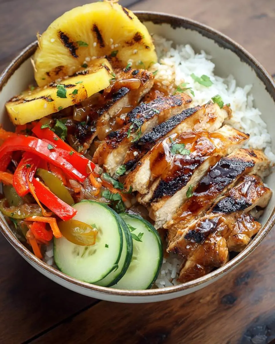 Grilled Hawaiian Chicken Teriyaki Bowls with sliced chicken, grilled pineapple, rice, cucumber, and peppers in a bowl.