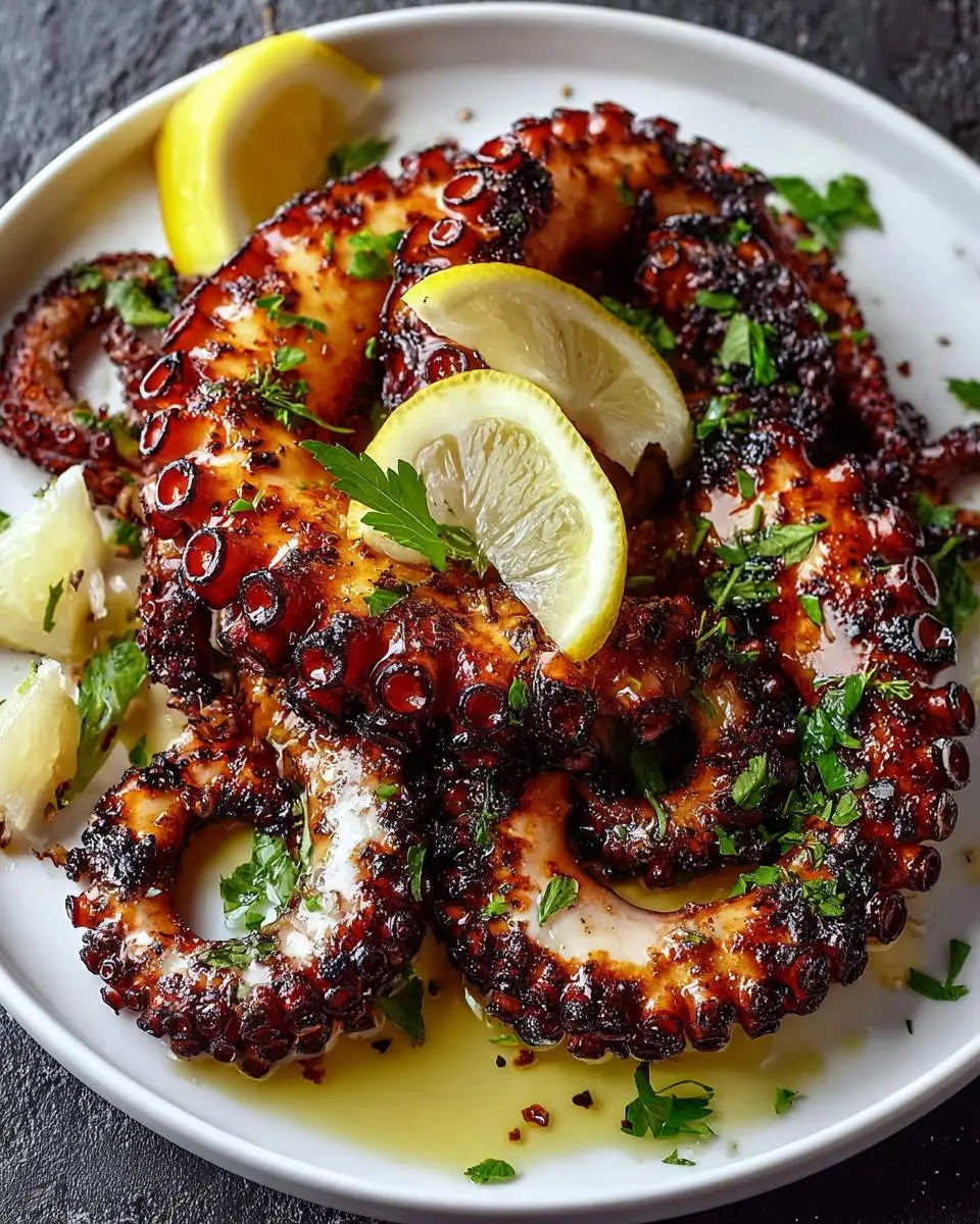 Grilled Octopus 1 Grilled octopus ingredients and preparation setup on a wooden board