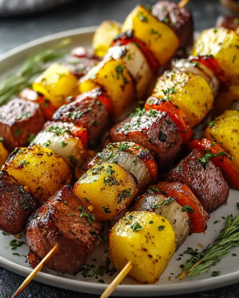Grilled Steak Kabobs Skewers with pineapple, peppers, and onions on a white plate.