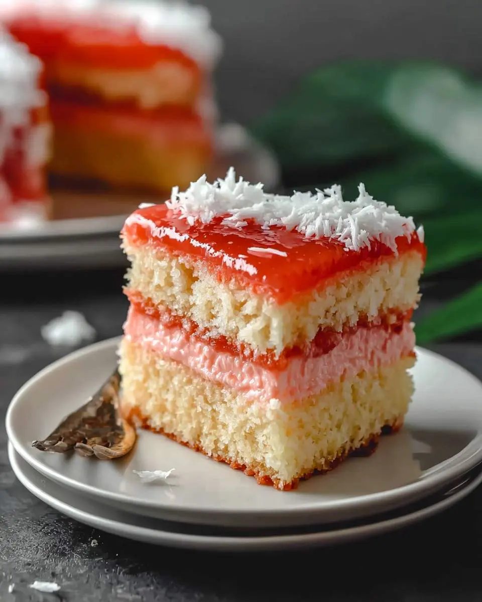 A slice of layered Hawaiian Guava Cake Recipe with pink guava filling, red guava glaze, and coconut flakes on top.
