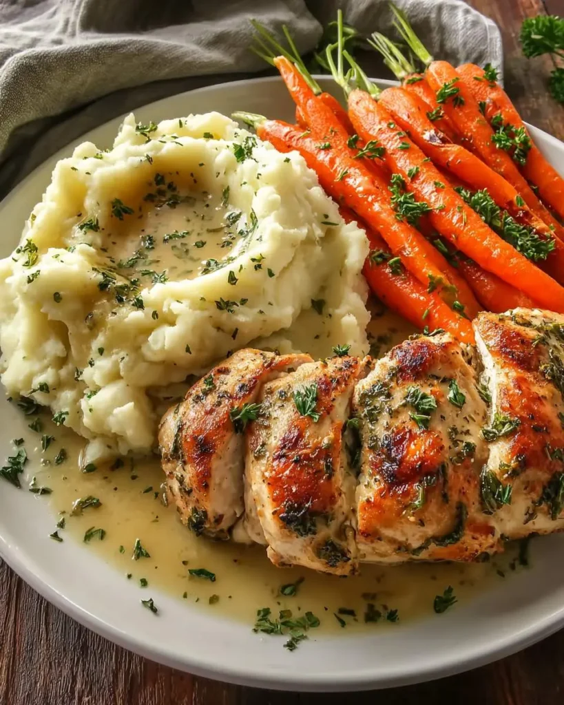 A plate of herb chicken with mashed potatoes and glazed carrots garnished with fresh parsley and sauce.