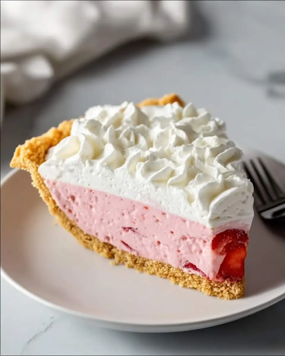Slice of Homemade Strawberry Cream Pie with graham cracker crust, pink strawberry filling, and whipped cream topping.