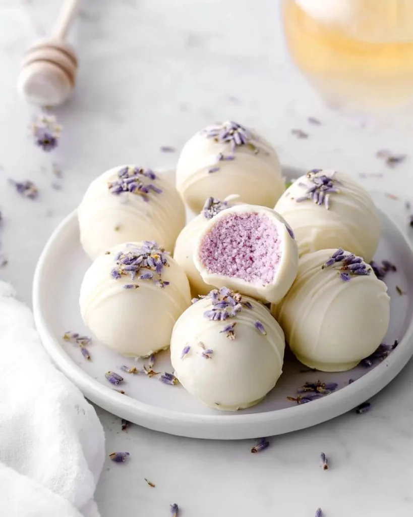 Honey Lavender White Chocolate Truffles arranged on a white plate, with one truffle cut open to reveal a soft purple center.