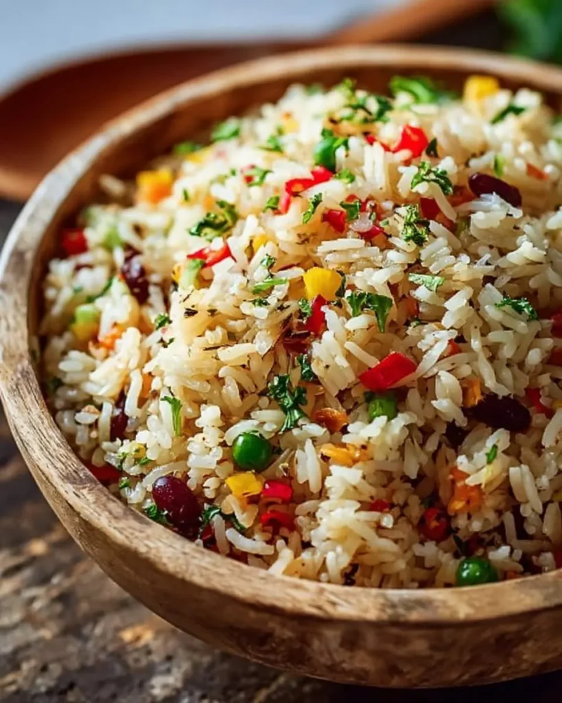 Island Coconut Pepper Rice served in a rustic wooden bowl, featuring fluffy white rice mixed with colorful vegetables and fresh herbs.