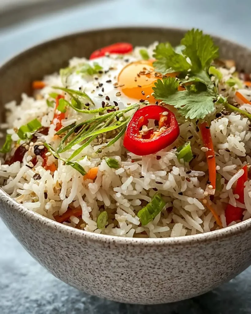 A delicious Island Rice Bowl topped with a fried egg, fresh cilantro, sliced red chili, sesame seeds, and colorful vegetables in a speckled ceramic bowl.