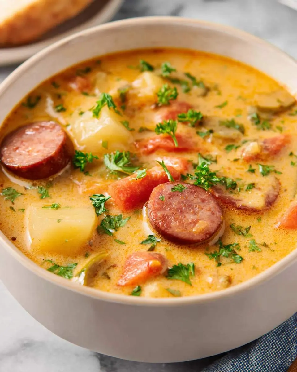 Creamy Kielbasa Sausage Potato Soup with vegetables and fresh herbs in a white bowl.