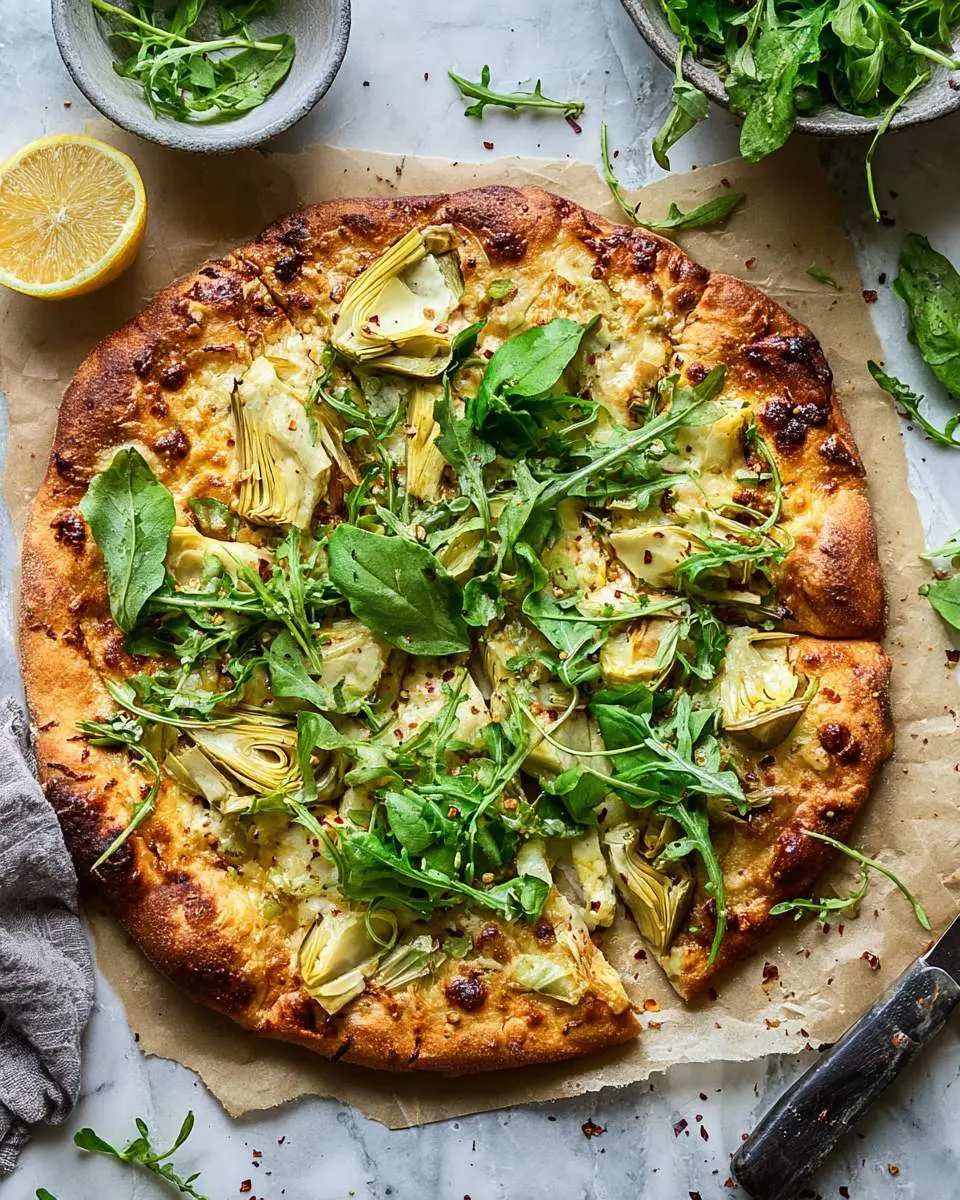 Lemon Artichoke Arugula Pizza 4 Freshly baked Lemon Artichoke Arugula Pizza topped with artichoke hearts, arugula, and red pepper flakes on parchment paper.