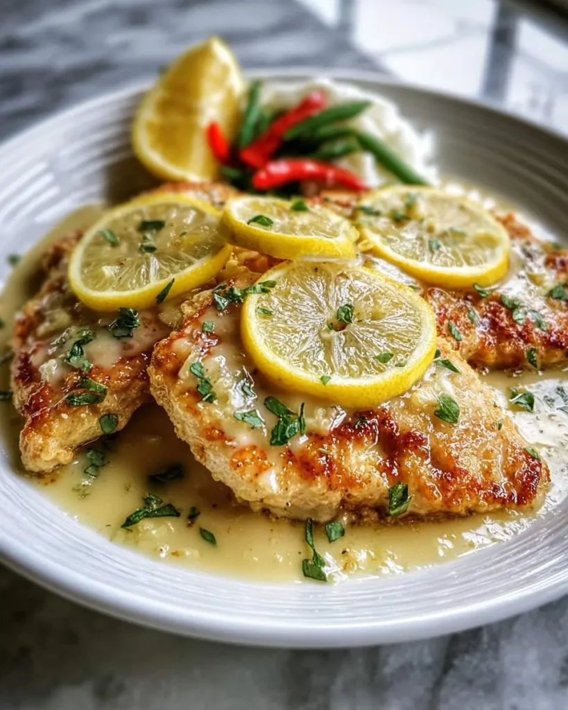 Lemon Chicken Romano with golden crispy cutlets, lemon slices, and creamy sauce on a white plate.