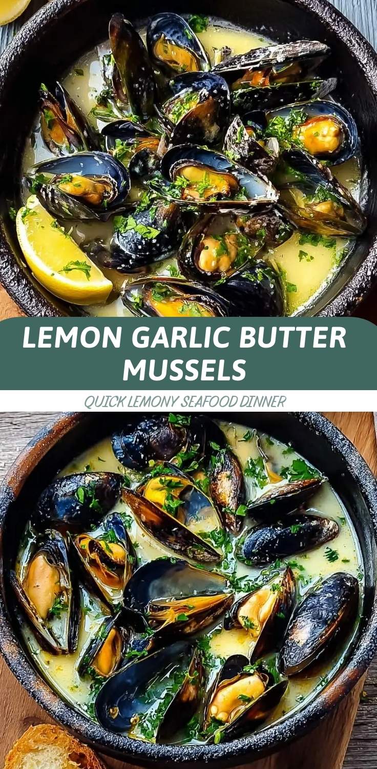 Lemon Garlic Butter Mussels 3 Finished lemon garlic butter mussels in a white bowl with crusty bread