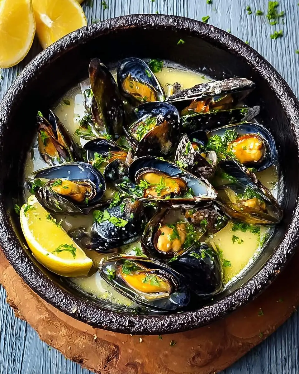 Lemon Garlic Butter Mussels 2 Mussels steaming in a pot with garlic butter sauce and fresh herbs
