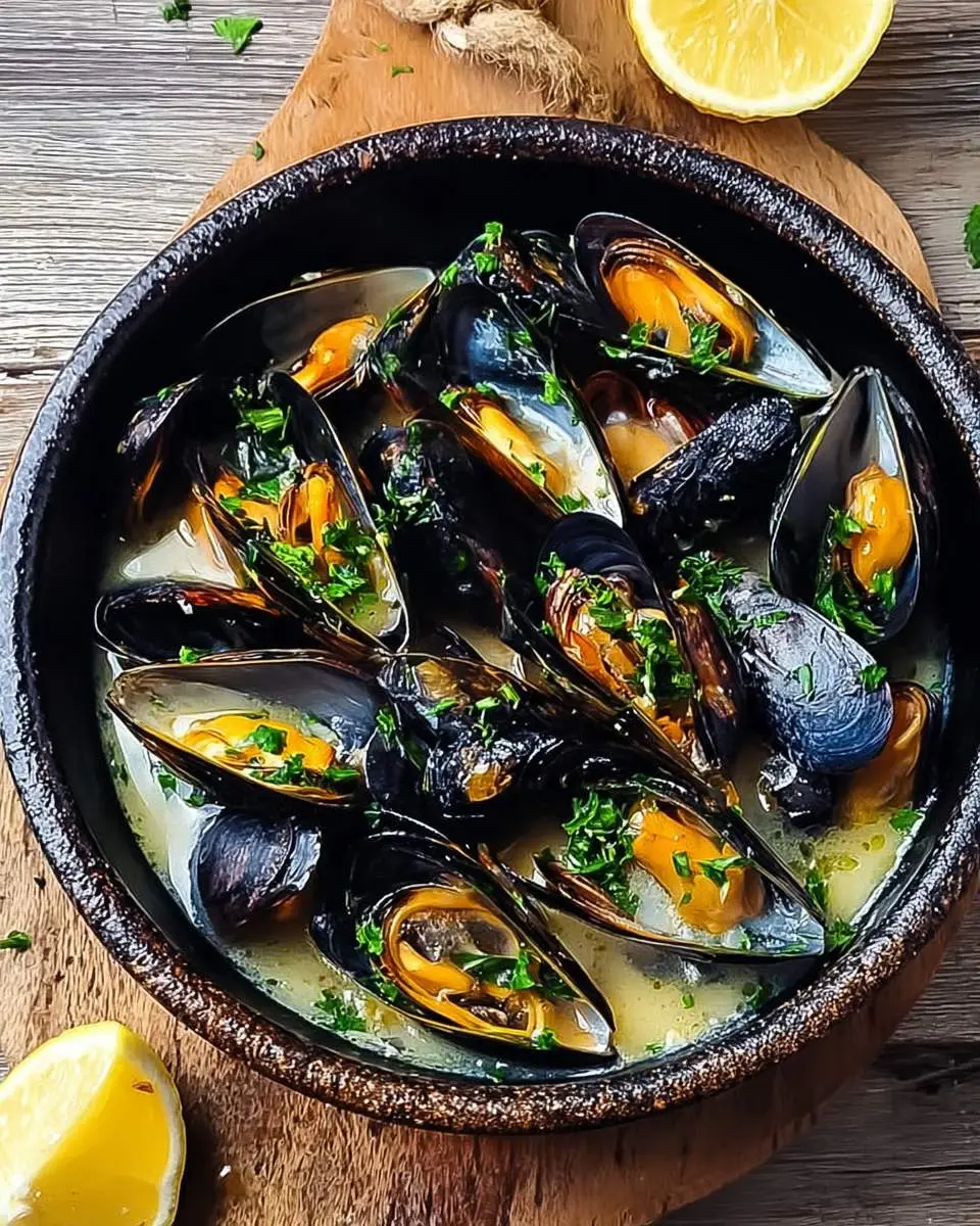 Lemon Garlic Butter Mussels 1 Fresh lemon garlic butter mussels ingredients arranged on a wooden board with herbs and lemon wedges
