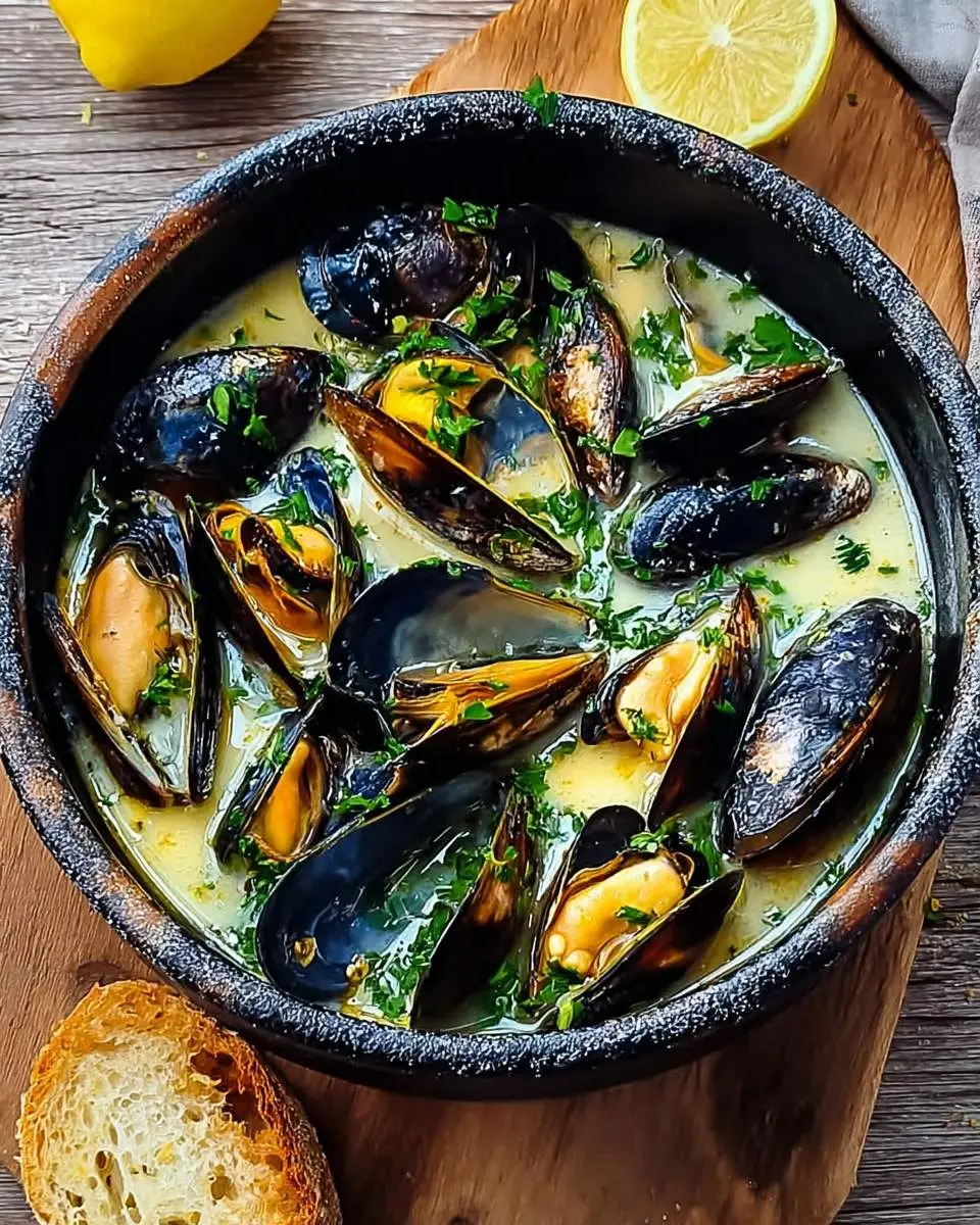 Lemon Garlic Butter Mussels 4 Lemon Garlic Butter Mussels served in a rustic black bowl with fresh herbs and crusty bread.