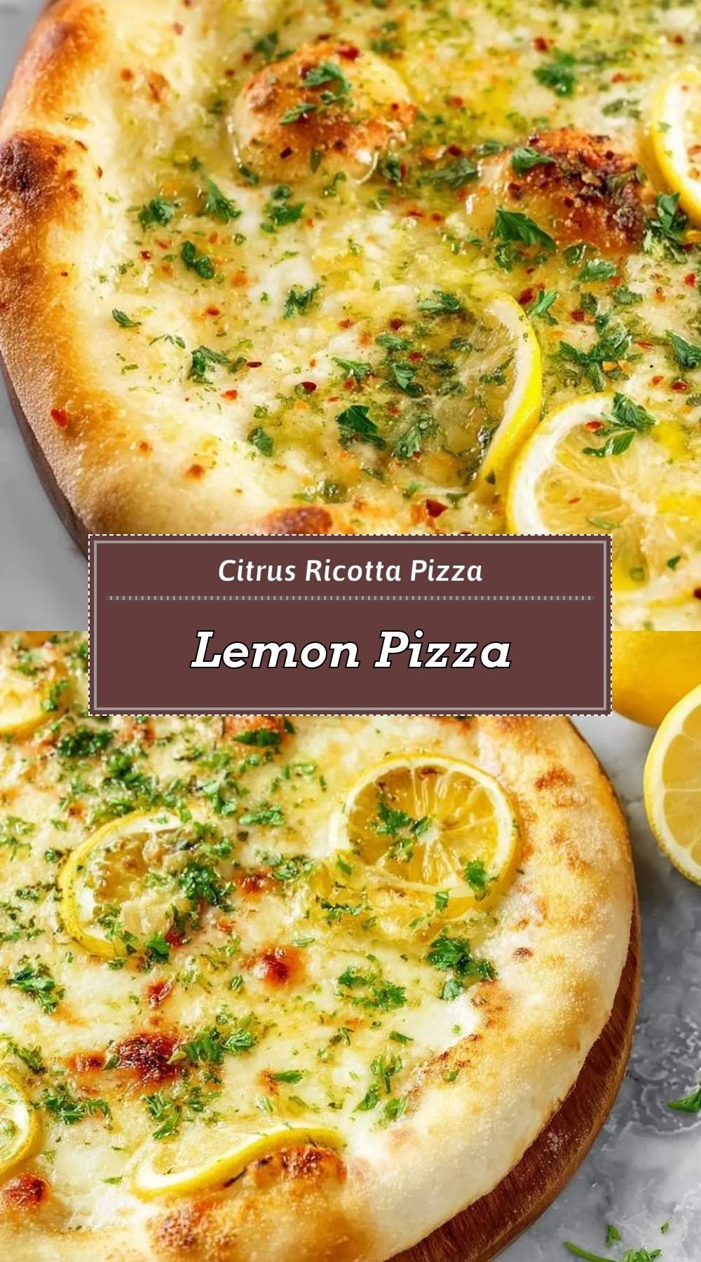 Lemon Pizza 3 golden baked lemon pizza with charred crust on a marble surface