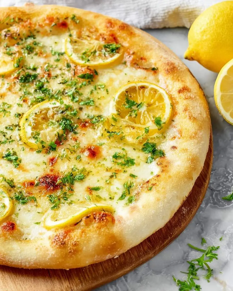 Lemon Pizza 4 Golden-crusted Lemon Pizza topped with melted cheese, thin lemon slices, and fresh herbs on a wooden board.