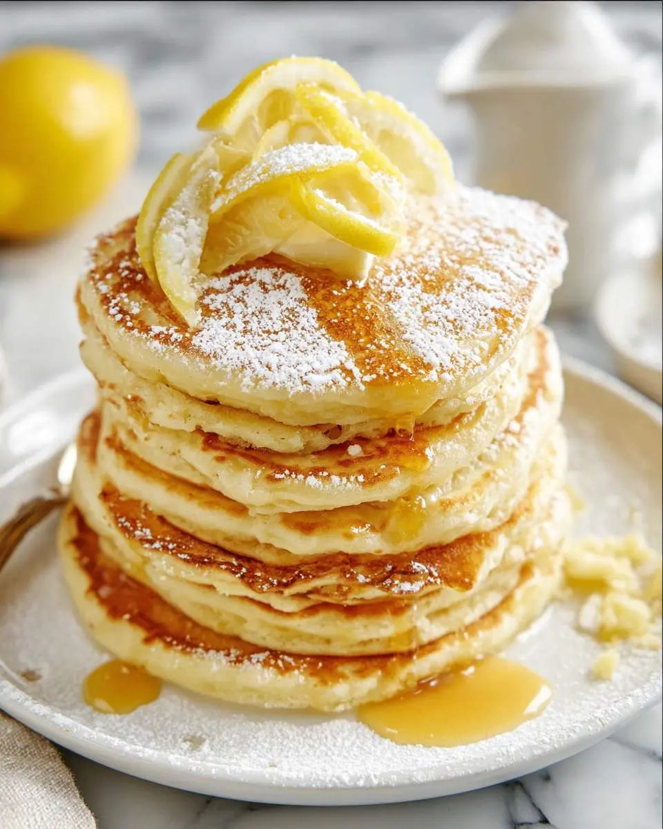A tall stack of fluffy lemon ricotta pancakes topped with lemon slices, powdered sugar, and drizzled syrup on a white plate.