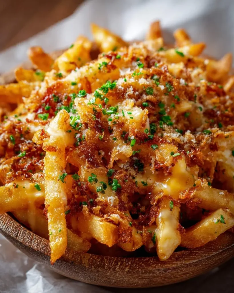 Louisiana Voodoo Fries topped with melted cheese, crispy bacon bits, and fresh chopped chives in a wooden bowl.