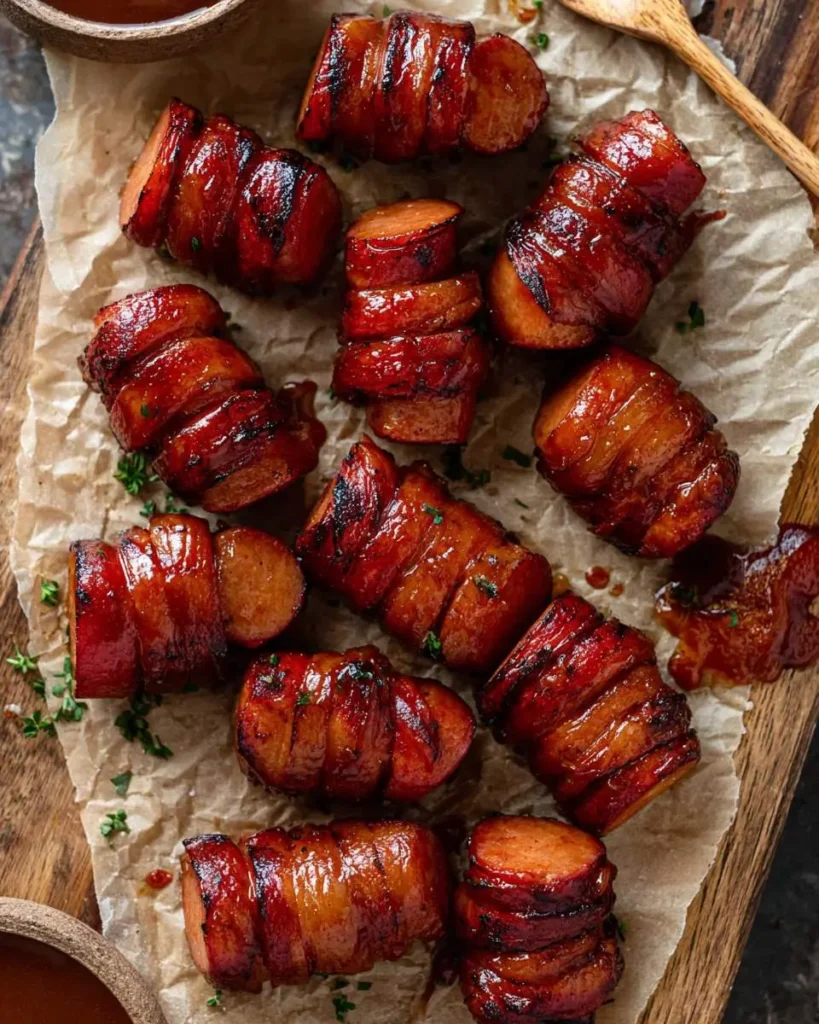 Maple BBQ Hasselback Kielbasa Bites wrapped in bacon and glazed, arranged on parchment paper with herbs sprinkled on top.