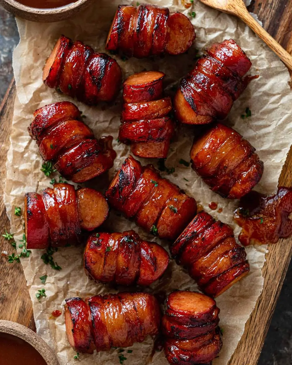 Maple BBQ Hasselback Kielbasa Bites 4 Maple BBQ Hasselback Kielbasa Bites wrapped in bacon and glazed, arranged on parchment paper with herbs sprinkled on top.