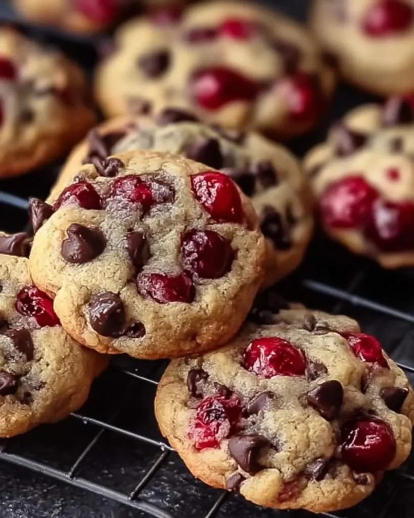 Close-up of Maraschino cherry chocolate chip cookies stacked on a cooling rack, showing bright red cherries and melted chocolate chips.