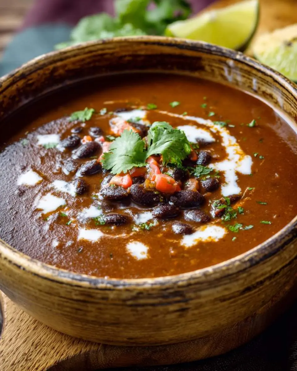 Mexican black bean soup 4 A rustic bowl of Mexican black bean soup topped with cilantro, diced tomatoes, and a drizzle of crema.
