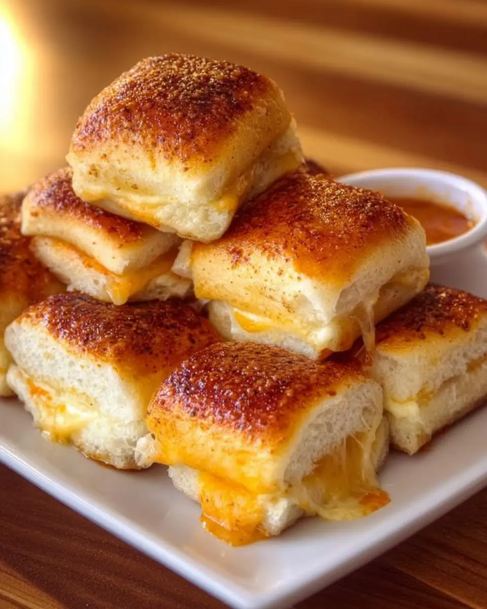 A stack of golden-brown Mini Grilled Cheese Hawaiian Rolls with melted cheese oozing out, served with dipping sauce.