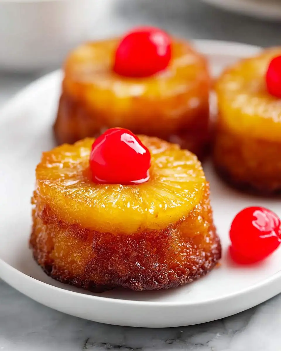 Three mini pineapple upside-down cakes topped with cherries arranged on a white plate.