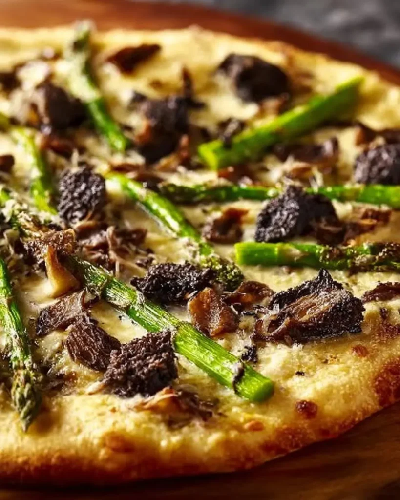 Close-up of a freshly baked Morel And Asparagus Pizza topped with wild mushrooms, green asparagus spears, and melted cheese on a golden crust.