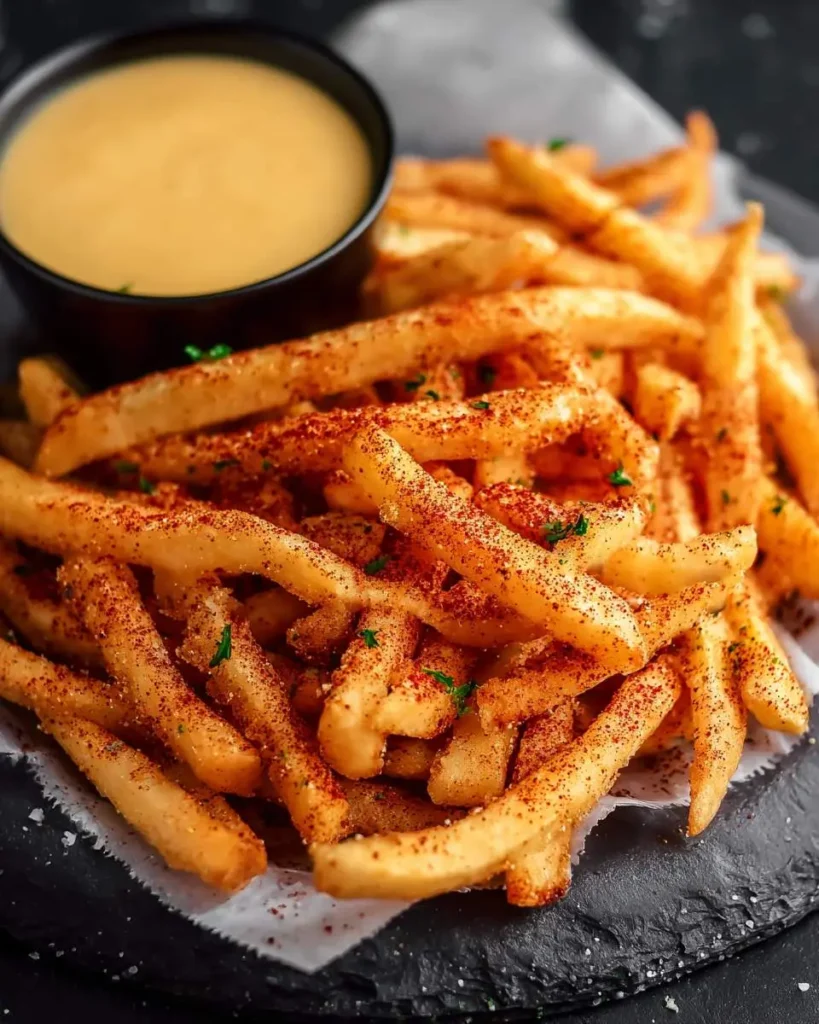 Crispy golden Nacho Fries topped with spicy seasoning and fresh herbs, served with creamy cheese sauce.