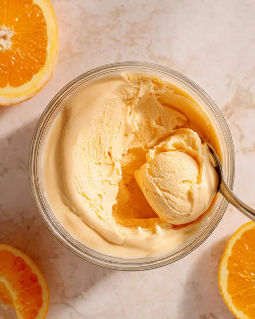 Creamy Ninja Creami Orange Julius Protein Ice Cream in a glass bowl with a scoop on a spoon, surrounded by fresh orange slices.