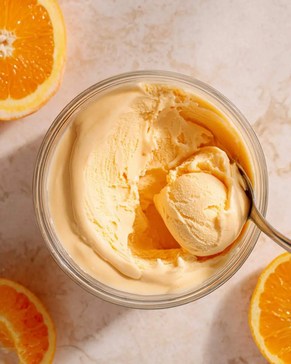 Ninja Creami Orange Julius Protein Ice Cream 4 Creamy Ninja Creami Orange Julius Protein Ice Cream in a glass bowl with a scoop on a spoon, surrounded by fresh orange slices.