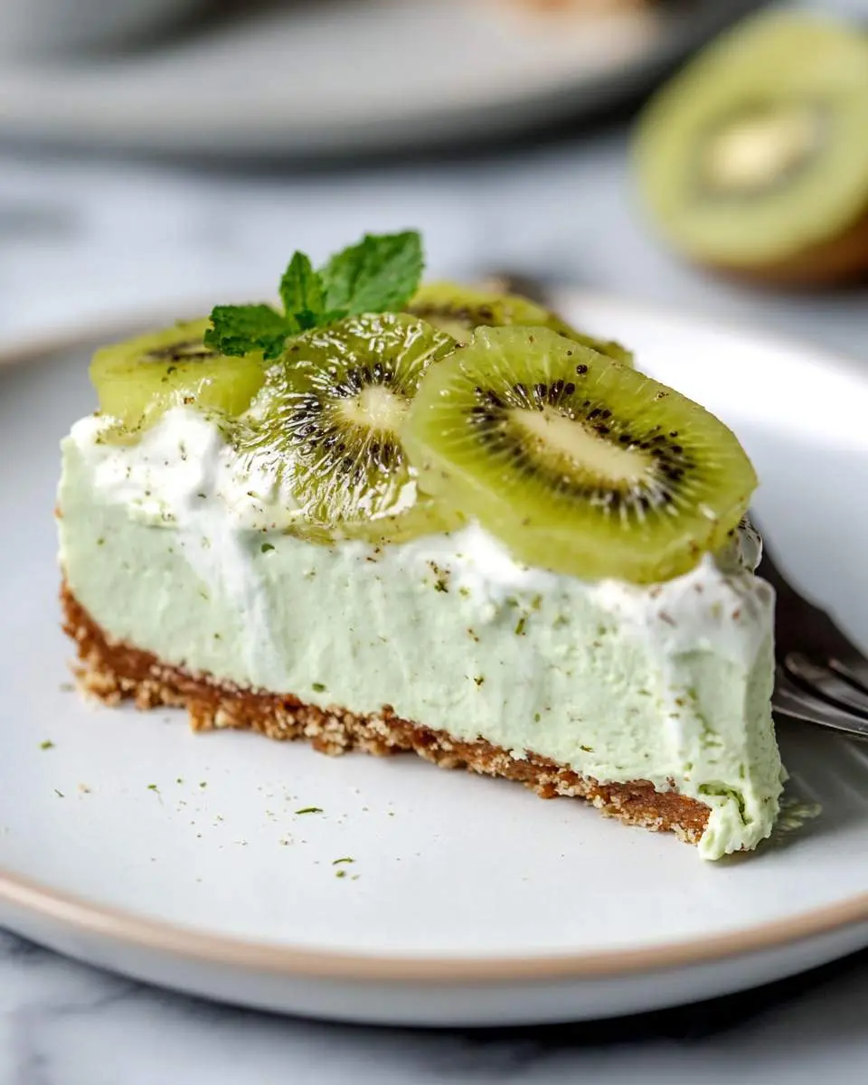 No-Bake Kiwi Lime Cheesecake 4 Slice of No-Bake Kiwi Lime Cheesecake topped with fresh kiwi slices and mint on a white plate.