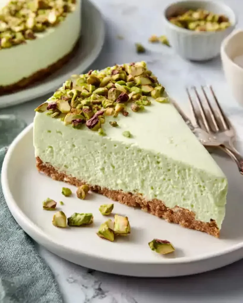 A creamy slice of No-Bake Pistachio Cheesecake topped with chopped pistachios on a white plate with a fork.