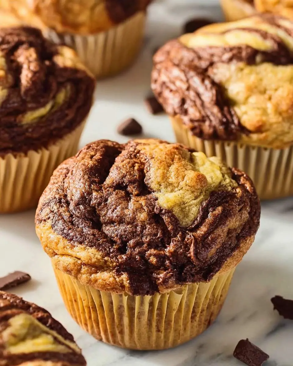 Close-up of freshly baked Nutella Banana Swirl Muffins with marbled chocolate tops on a marble surface.