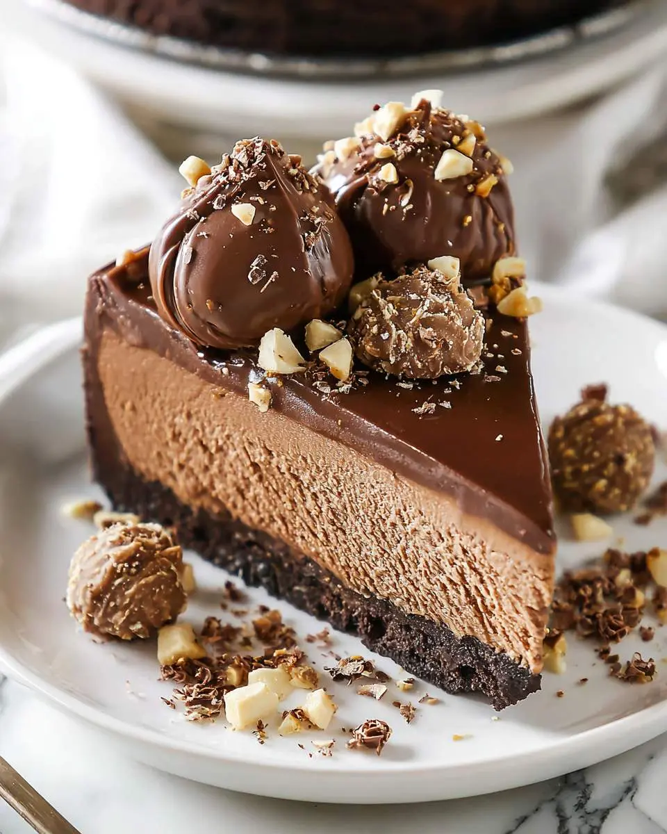 A decadent slice of Nutella cheesecake with chocolate ganache topping, hazelnuts, and truffles on a white plate.