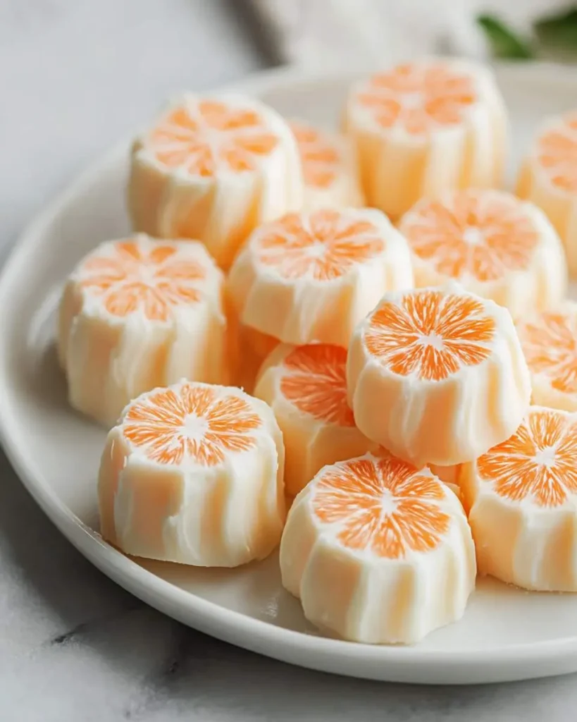 A white plate piled with orange cream cheese mints, each showing a citrus slice pattern.