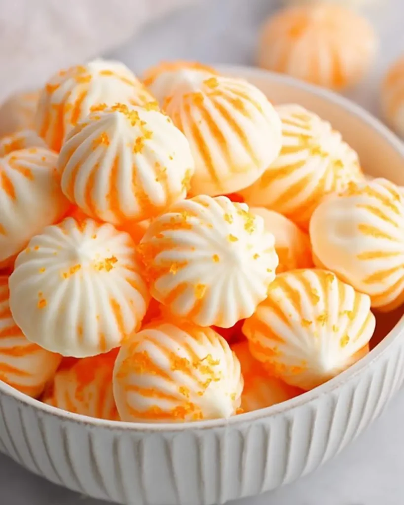 A white bowl filled with swirled Orange Cream Cheese Mints topped with citrus zest.
